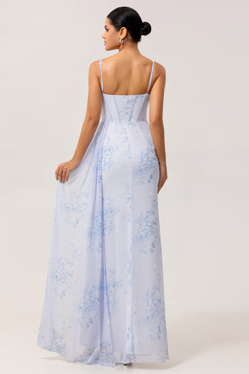 Blue Floral Spaghetti Straps Corset Fitted Long Bridesmaid Dress with Slit